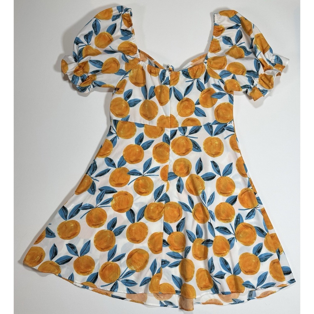 Orange‎ Fruit Print Puff Sleeve Dress | Size M | Retro Vibes - Picture 2 of 5
